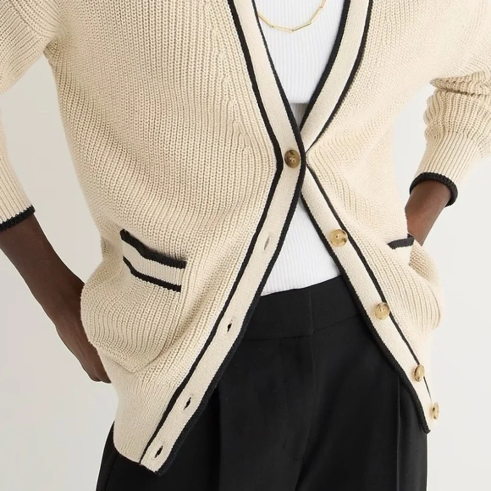 J.CREW Tipped V-neck Cotton Cardigan Sweater Women's Size Small Cream